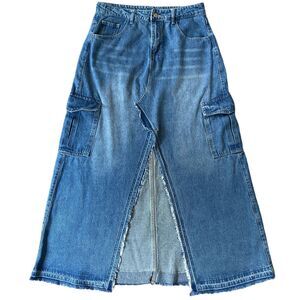 Daze A-line Maxi Denim Skirt L Blue Raw Hem Seam Slit Distressed Grunge Y2K